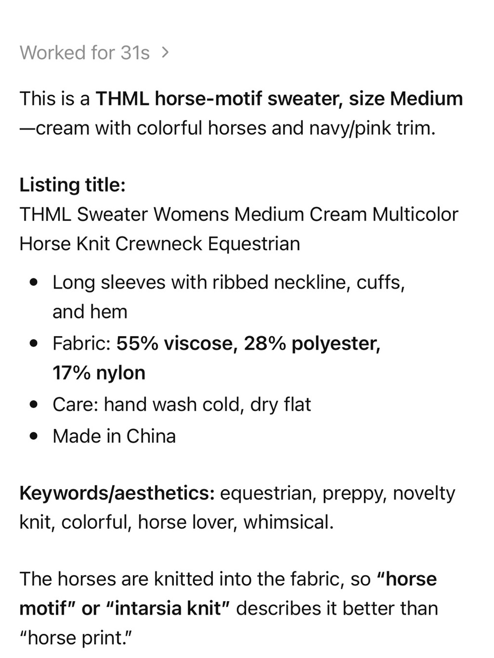 THML Womens Cream Crewneck Sweater Multicolor Horse Motifs Sz M Equestrian - Picture 11 of 11